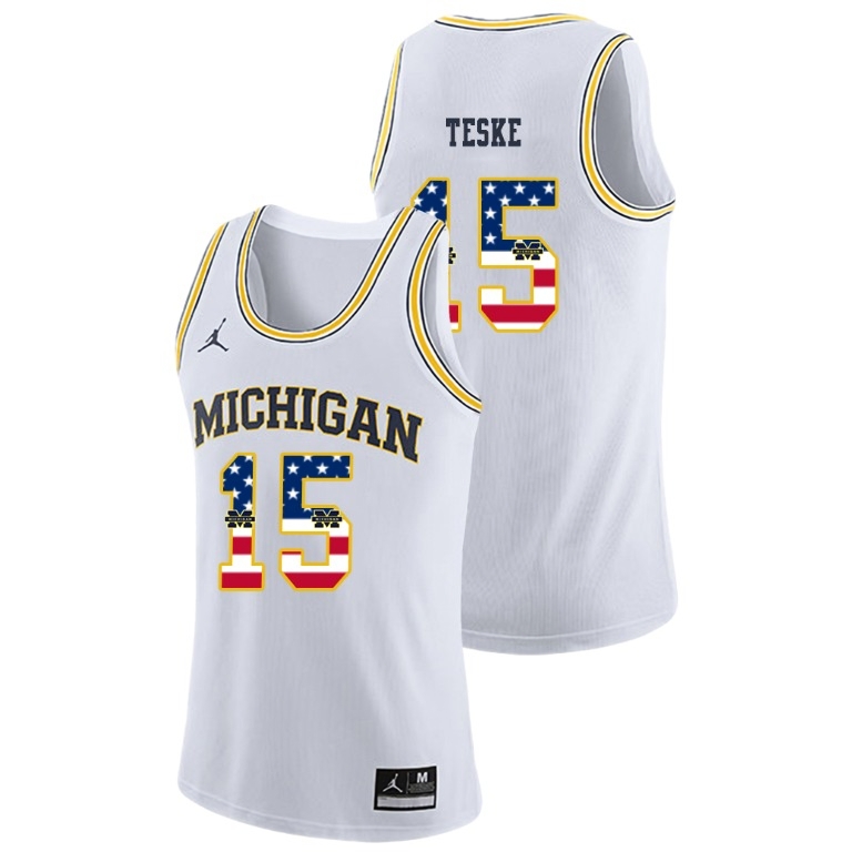 Michigan Wolverines Men's NCAA Jon Teske #15 White Jordan Brand USA Flag College Basketball Jersey NBC1349ME